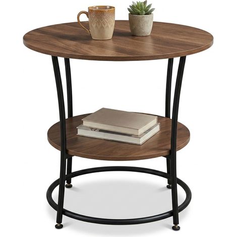 Relaxdays Side Table, 2 Shelves, HD: 55 x 55 cm, Wood-effect & Metal, Sofa Table, Round Coffee Table, Brown/Black (1/5)