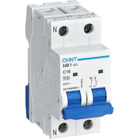 Disjoncteur magnétothermique chint 1p+n 16a 6ka courbe c 2 modules - 180240