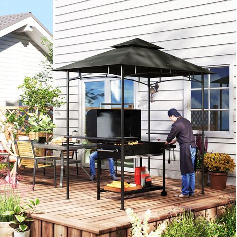 Pabellón para barbacoa de 240x150x258 cm con doble techo, 4 luces LED, estantes laterales y estructura de acero y poliéster gris oscuro. (1/5)