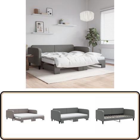 Lit de jour avec gigogne et matelas gris foncé 100x200 cm tissu - Canapé Convertible - Lit Gigogne - Lit Invité - Meuble Multifonctionnel - Literie