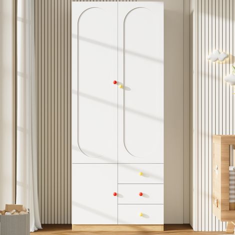 Armario ropero de MDF blanco lacado con 2 puertas, 3 cajones y barra para colgar 80 x 45 x 200 cm (1/5)