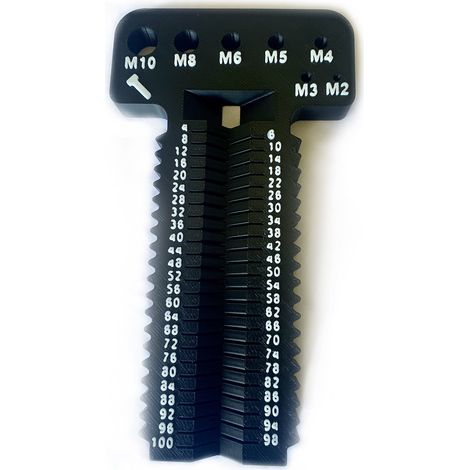 Schraubenmesswerkzeug M2-M10+L4-100mm. Dieses Werkzeug misst metrische Schrauben von M2 bis M10 mit einer Länge von 4 bis 100 mm. – Schwarz-weiß.