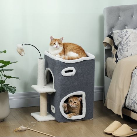 Árbol para gatos de sisal y poliéster gris, 2 niveles con casetas, para rascar, descansar y jugar,48.5x43x58cm (1/5)
