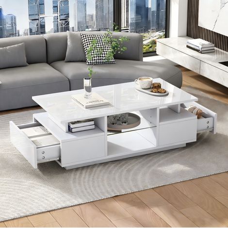 Table basse LED 100 x 50 x 36 cm avec 2 tiroirs, blanche DESVIAE (1/5)