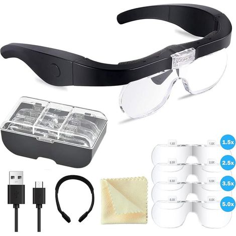 Lunette Loupe avec 2 LED,(1,5X, 2,5X, 3,5X, 5,0X) Frontale Grossissantes Casque Loupe Mains Libres pour la Lecture de lentilles avec 4 Lentilles Amovibles pour Lecture Bijoutier Couture Bricolage (1/5)