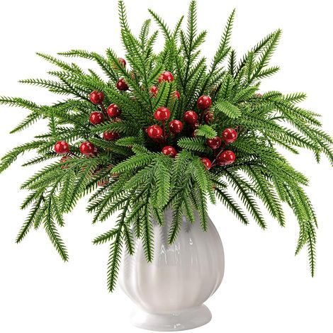 Branches de pin artificielles vertes de Noël, 35 aiguilles, 35 cm, 10 baies rouges, 22,6 cm, décoration d'intérieur DIY (1/5)