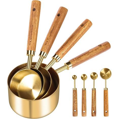 Set of 8 Measuring Spoons and Cups, Wooden Handle, with Metric and American Measurements, Stainless Steel, Polished Gold Finish, Dry and Liquid Measuring Cup, for Cooking (1/5)