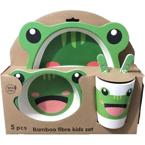 Service de table en bambou pour enfants avec assiette, bol, cuillère, fourchette, sans BPA, motif grenouille