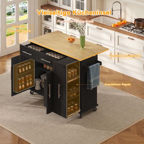 Îlot cuisine noir avec plan rabattable, rangement 3 étages sur roues, barre à serviettes et 2 tiroirs pour salle à manger