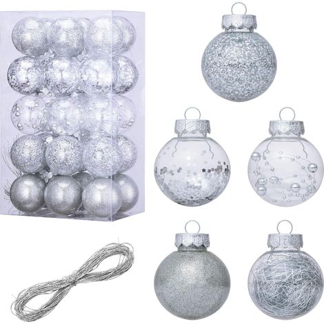 Lot de 30 boules de Noël, plastique transparent incassable, paillettes intérieures, crochet suspendu, décoration sapin (1/5)