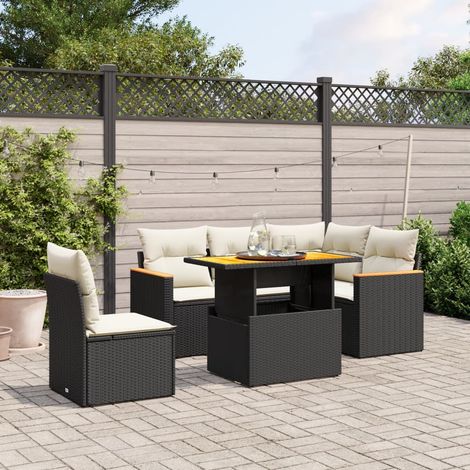 Ensemble salon jardin 6 places résine tressée noir avec table extensible et coussins lavables - Mobilier extérieur modulaire (1/3)