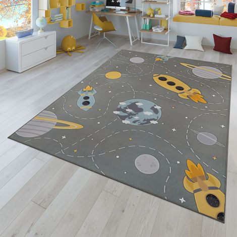 Kinderzimmerteppich Teppich Kinderteppich Rutschfest Planeten Sterne Raketen 200 cm x 290 cm x 4 mm Grau Rechteckig (1/5)
