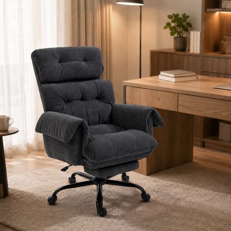Silla de oficina reclinable con reposapiés, giratoria 360°, ruedas, 80x77x108-116 cm, gris oscuro (1/5)