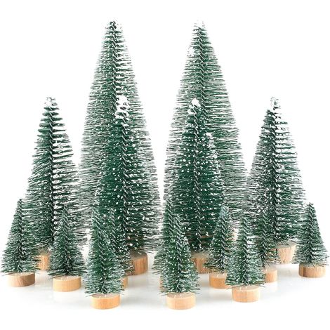 Lot de 16 Mini Sapins de Noël Décoratifs - Artificiel Miniature Vert Givré - 4,5/10/15 cm - Pour Décoration, Table, Bricolage, Vitrine, Village (1/5)