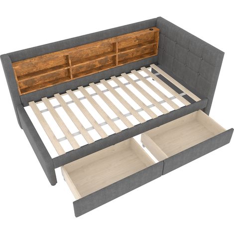 Letto divano 90 x 200 cm grigio con 2 cassetti, USB-C e mensole testiera in lino e MDF (1/5)