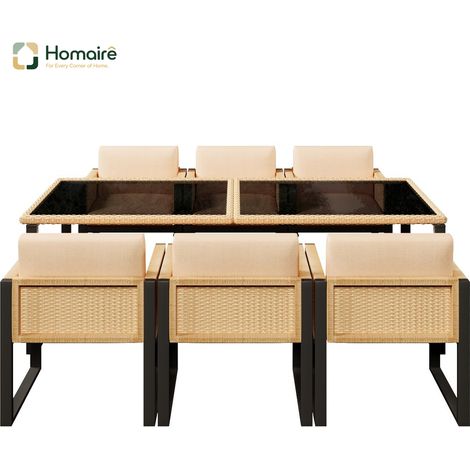 HOMAIRE Set de table et chaises en polyrattan pour jardin, groupe de repas 6 personnes avec fauteuils et housses amovibles lavables