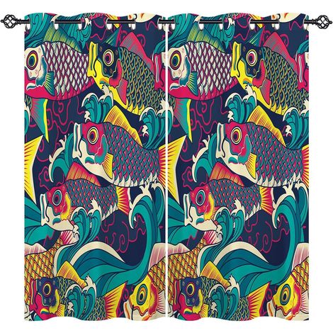 Rideau Occultant Japonais Poisson Océan Vague Rideau Thermique Isolant Tenture Opaque à Oeillets Draperies Intérieurs pour Maison Chambre Salon 2 Panneaux L 77 x H 160 cm - 77L X 160H cm (2 Panneaux) (1/5)