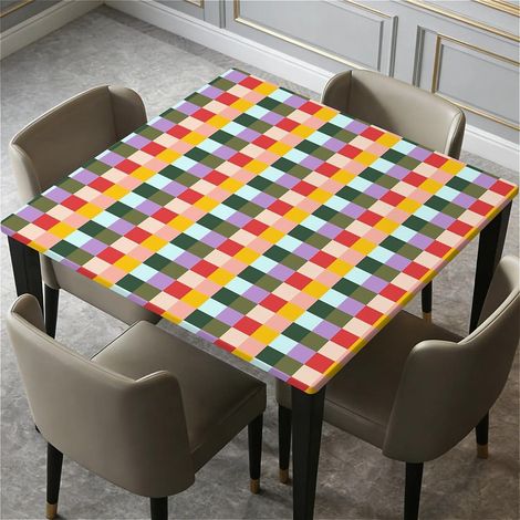 Quadratische Tischdecke 90x90cm mit Gummizug, wasserdicht, abwaschbar, buntes Schachbrettmuster