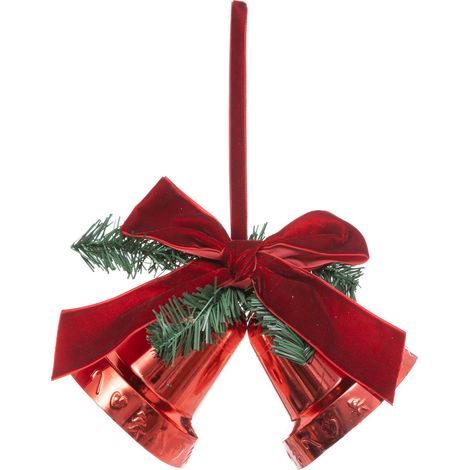 Suspension de Noël 2 Cloches Rouge brillant avec déco et noeud velours H 20 cm - Feeric Christmas