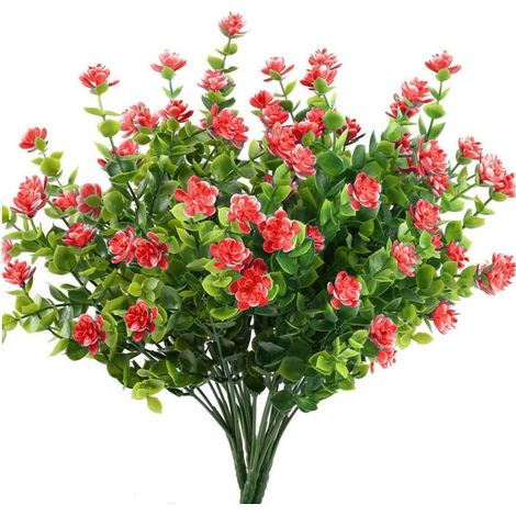 4 Pièces Plantes Artificielles, Artificielle Fausse Fleur Plastique Arbustes de Verdure pour Intérieur et Extérieur, Bureau, Jardin, Rouge (1/5)
