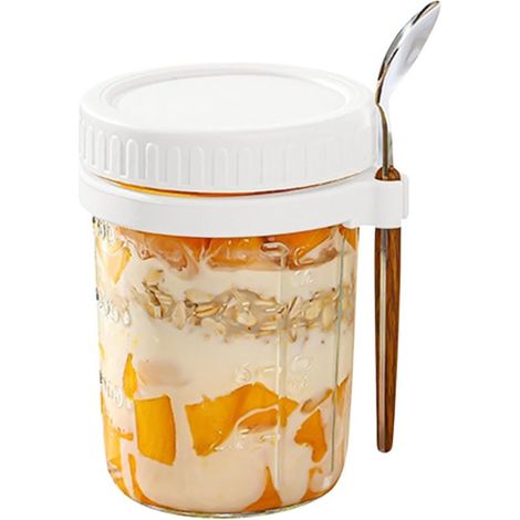 Joghurtbecher 350 ml Overnight Oats im Glas Joghurtbecher zum Mitnehmen Haferflockengläser aus Glas Lunchbox Deckel und Löffel Weiß, 350 ml für J (1/5)
