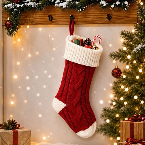Chaussette de Noël rouge tricotée grand format, sac cadeau bonbons, décoration suspendue de fête avec motif torsadé et contraste de couleurs