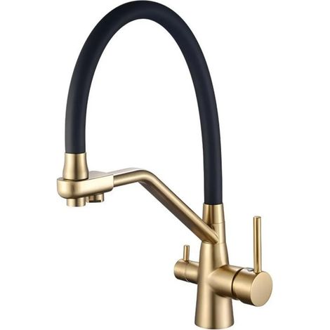 Robinet de cuisine moderne en cuivre brossé (Or brossé) avec système de purification d'eau potable, douchette extractible, eau pure chaude et froide. (1/5)