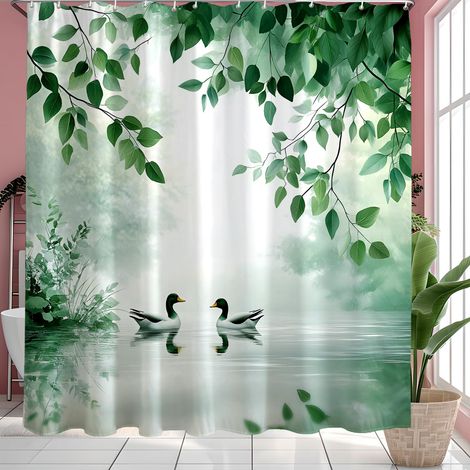 Rideau de douche imperméable et résistant à la moisissure Motif feuilles vertes 180 x 200 cm (1/5)
