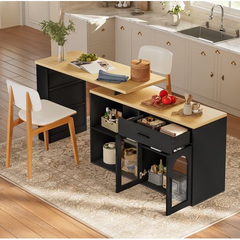 Îlot de cuisine 136x50x78 cm en MDF noir, modulable avec rangement pour cuisine FloraGrace (1/5)