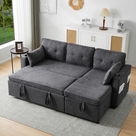 CHICFURN Sofá cama esquinero gris 211x130 cm con almacenamiento y portavasos (1/5)