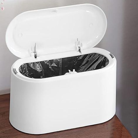 Petite poubelle de table blanche avec couvercle à bouton-poussoir. Poubelle de bureau blanche. Mini poubelle de table en plastique. Poubelle portable pour la cuisine, la coiffeuse, la chambre ou le co (1/5)
