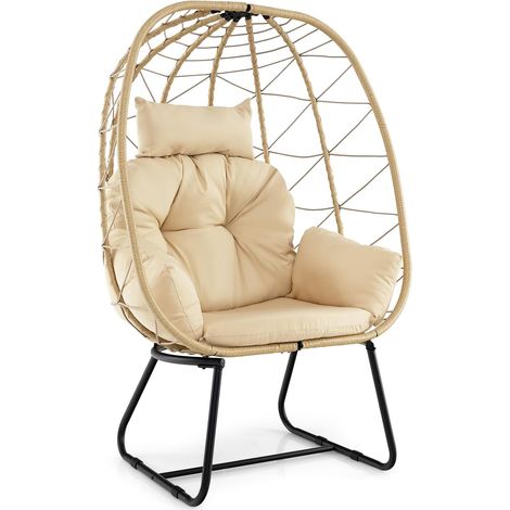 COSTWAY Poltrona in Rattan da Giardino, Sedia a Nido con Cuscino Rimovibile, Supporto in Metallo, Sedia a Uovo da Interni ed Esterni, Portata 150 kg, 100 x 76 x 145 cm (Beige) (1/5)
