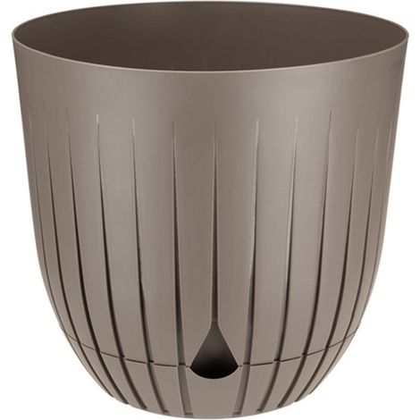 Maceta de plástico BRITTA con plato, tamaño 2, diámetro 16 cm, acanalada, diseño estriado, plástico, color topo, beige-marrón, mate (1/4)