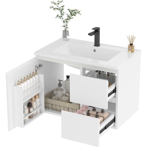 Mueble de lavabo suspendido con 2 Puertas, 1 Cajón, Luz LED con Sensor y Lavabo integrado, MDF, 76x46x50 cm, Blanco (1/5)