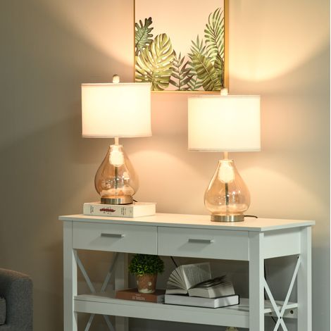 Set de 2 lampes de table E27 en verre ambre, lin et acier Ø30 x 56 cm (1/5)