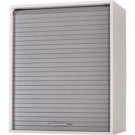 Les Tendances – Meuble haut de cuisine blanc avec rideau coulissant gris – 60 cm de large, 72 cm de haut, 35 cm de profondeur – 2 tablettes réglables (1/3)