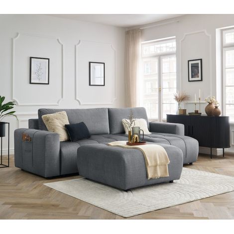 BOBOCHIC - Canapé d'angle réversible convertible coffre ARSENE tissu velours avec pouf Gris foncé (1/5)