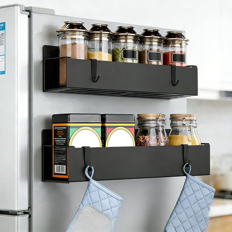 2 Pièces Etagere Magnetique, Magnétique Range Epices Cuisine, Noir Étagères Aimantée Frigo, Acier au Carbone, avec 4 Crochets, pour Une Utilisation Dans la Cuisine et la Salle de Bain (1/5)