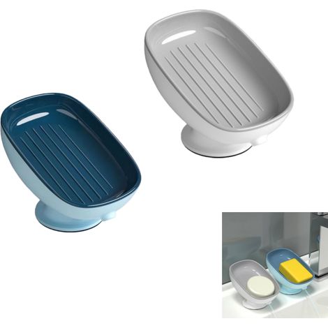 Lot de 2 Porte-Savon Avec Drainage en Plastique, Boîte à Savon de Douche à Ventouse, Pour Salle de Bain, Cuisine, Nettoyage Facile (1/5)