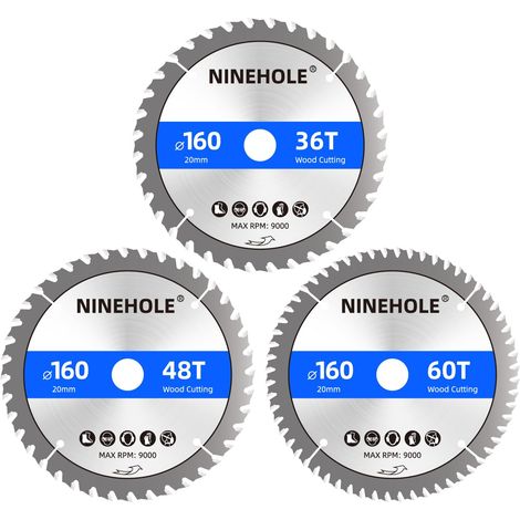 3pcs Lames de scie circulaire 160 x 20 mm (anneau 16 mm), 36/48/60 dents Coupes propres, Disque à Tronçonner pour Bois, Sèche, Stratifié, Cloison, Contreplaqué, Plastique (1/5)