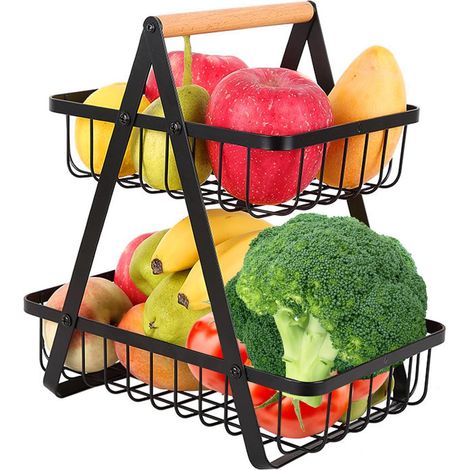 Espositore per frutta e verdura a 2 livelli in metallo con manico in legno (1/5)