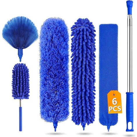 Plumeau microfibre lot 6 plumes avec manche télescopique 2,54 m, réutilisable flexible lavable léger, idéal ventilateurs plafond (1/5)