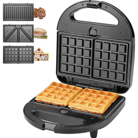 Appareil à Croque Monsieur 3 en 1, Grill, Gaufrier et Sandwich, Grande Puissance de 750W, 3 Plaques antiadhésives et interchangeables, Noir (1/5)