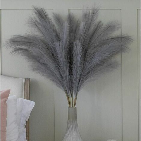 Grande Herbe de Pampa Gris Faux 5 Tiges Extra Moelleux Faux 70cm Bouquet de Fleurs Plume Salon Home Decor Boho Home Decor Grand Vase Table Fleur Mariage, Gris (1/5)