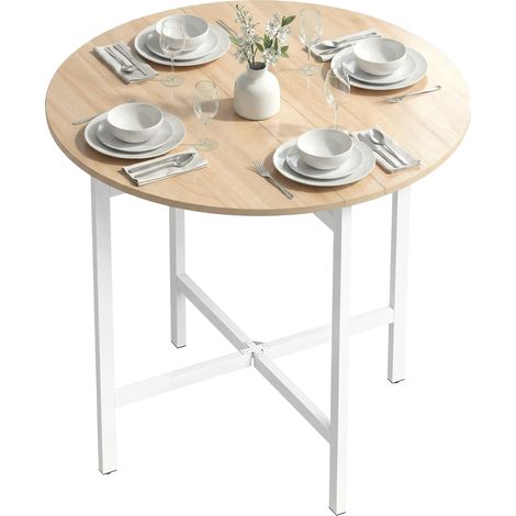 Table pliant rond 80 cm, table escamotable en acier pour 2-4 personnes, aspect bois naturel (1/5)