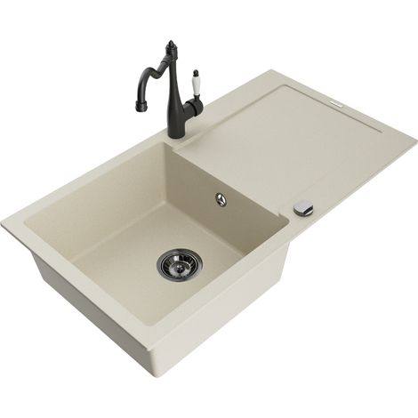 Mexen Leo évier en granit 1 bac avec égouttoir et robinet de cuisine Carla, beige - 6501-69-670700-70 (1/5)