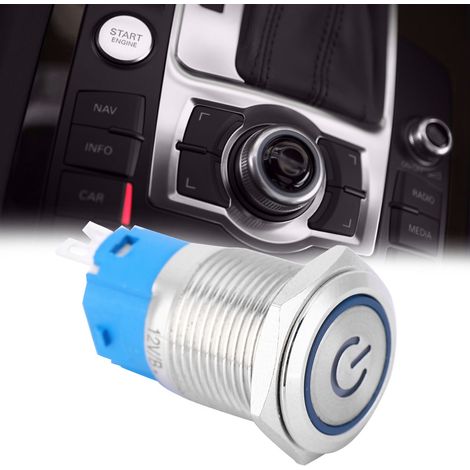 Anneau de bouton-poussoir à LED bleue, en métal avec tête plate et ronde, retour automatique et symbole de fonctionnement, 16 mm (12 V) (1/5)