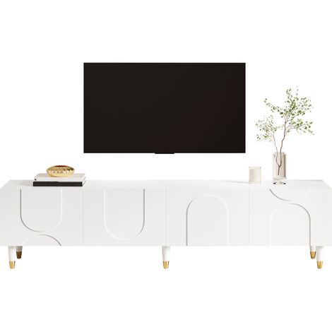 Meuble TV bas blanc à 4 portes, relief d’arche asymétrique, rangements multiples, pieds en bois, style moderne pour salon, 180 cm avec passe-câble – CHICFURN (1/5)