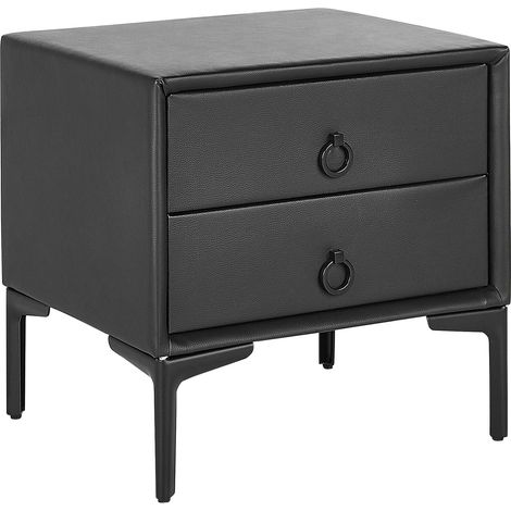 Bedside Table Black PU Faux Leather Metal Legs with 2 Storage Drawers 44x 38 cm Nightstand SEZANNE