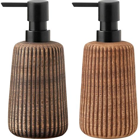 Distributeur Savon - Céramique - 400 Ml - Beige Rayé - Salle De Bain Cuisine - Lot De 2